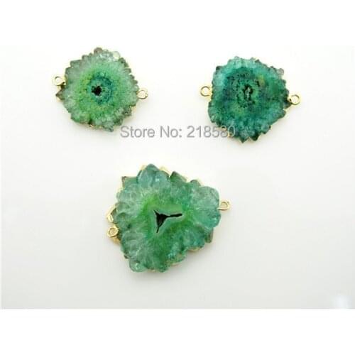 SP-04365 24K Gold Electroplated Edges Green Crystal Quartz Stalactite Slice Druzy Crystal Gold Double Bail Pendant
