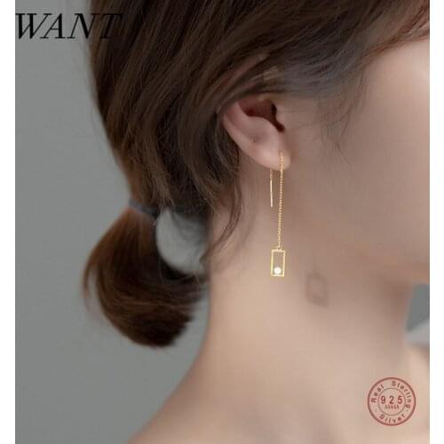 WANTME 925 Sterling Silver Trendy Romantic Charms Pirecing Tassel Pearl Geometric Stud Earrings for Women Wedding Jewelry Gift
