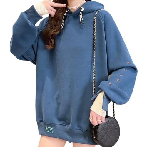 Royal Blue Clothes Women Hoodie Plus Velvet Embroidered Letter Portfolio Stitching Fake Two Pieces Winter Casual Pullover Female