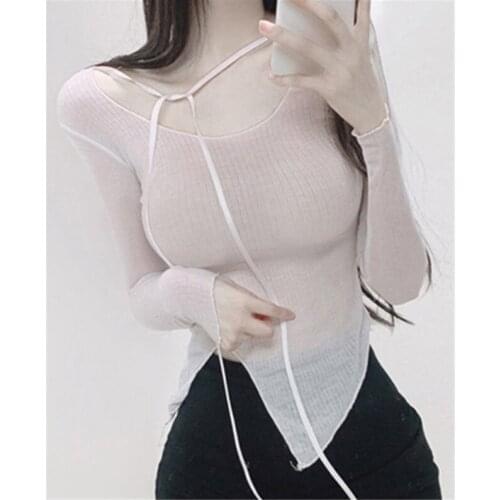 2021 womens fashion slim sexy strappy casual split T-shirt women