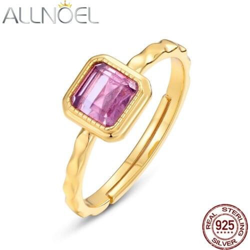 ALLNOEL Solid 925 Sterling Silver Rings For Women Square Natural Amethyst Adjustable Trendy Ring Candy Series Engagement Jewelry