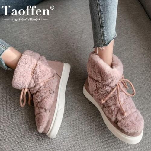 Taoffen Real Leather Women Snow Boots Warm Fur Winter Shoes Woman Fashion Platform Plush Short Boot Footwear Size 34-42