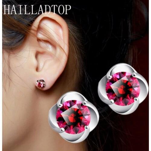 Plum Blossom Rose Red Stud Earrings Crystal Inlay Cubic Zirconia Ear Stud Romantic Ladies Ear Jewelry Silvering Valentine Gift