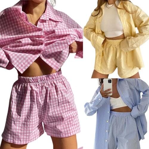 2Pieces Casual Set Female Striped Plaid Turn-Down Collar Long Sleeve Shirt Short Pants for Summer Autumn S/M/L/XL