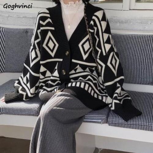 Cardigan Women Sweater Teen Girls College Argyle Winter Aesthetic Ulzzang Knitted Vintage Loose V-neck Warm All-match BF Thicker