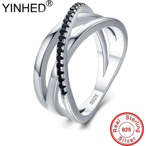 YINHED Neo-Gothic Real 925 Sterling Silver Ring Fine Jewelry Cross Black Zircon Engagement Wedding Rings for Women ZR707