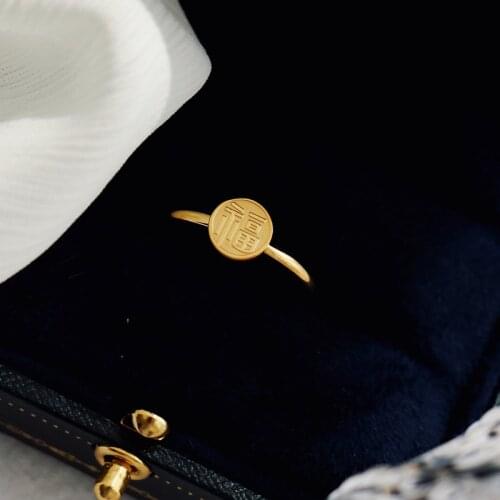 YUN RUO Chinese Style Blessing Round Cake Ring Female Personality Fashion Titanium Steel Index Finger Ring Jewelry Water Proof