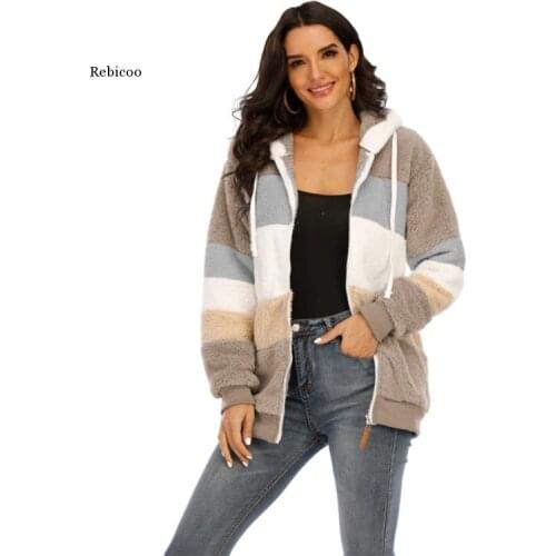 Winter Hooded Fuzzy Coat Women Loose Korean Plus Size Jacket Woman Patchwork Zipper Warm Jackets Clothes