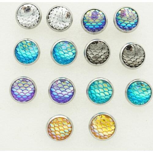12mm Stainless Steel Resin Fish Scale Earrings Mermaid Scale Cabochon Stud Earrings for Women Jewelry Gift