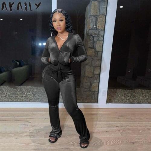 Akaily Autumn Black Velvet 2 Two Piece Sets Velvet Tracksuit Womens Outfits Long Sleeve Hoodies Pants Suits Female Matching Sets