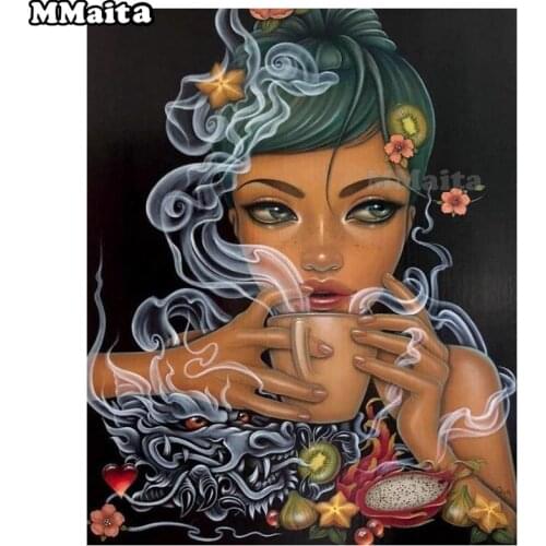 Diamond painting cartoon girl drink tea coffee diamond embroidery full drill fruit view mosaic rhinestone puzzle painting GG781