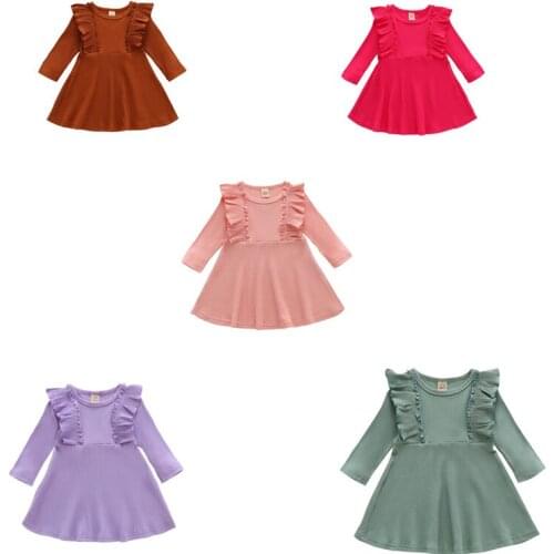 Cathery Toddler Baby Girls Dresses Cotton Knit Solid Color Long Sleeve Ruffle Tops Outfits Autumn Pullover Childrens Clothing