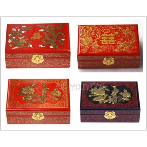 Retro Ancient Handwork 2 Layer Wood Box Chinese Dragon Phoenix Storage Wooden Box with Mirror Gorgeous Jewelry Box Carry Case