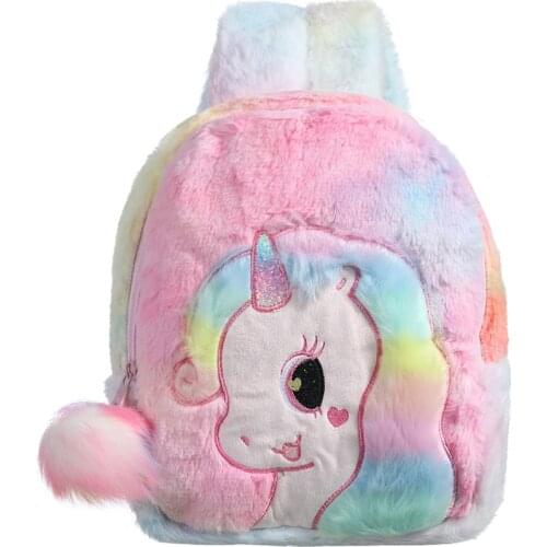Cute Plush Unicorn School Bag for Girl Winter Furry Backpacks Handbag Rainbow Shoulder bag Schoolbag for Kindergarten Kids Girls