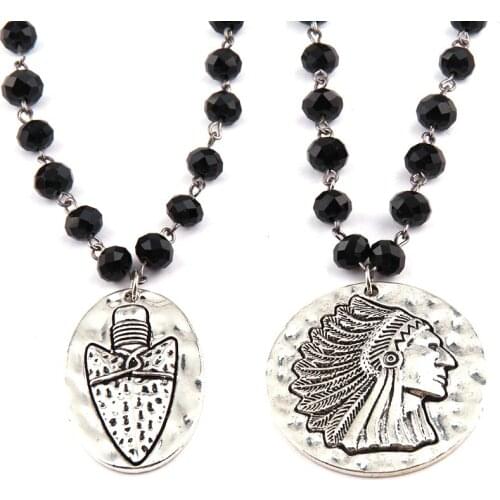 Fashion Bohemian Jewelry Black Glass Crystal Rosary Chain Metal Pendant Necklace For Women Ethnic Necklace