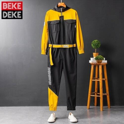 Fashion Mens Mixed Colors Overalls Hooded Jumpsuits High Street Loose Straight 2021 New Vintage Playsuit Male Korean Style