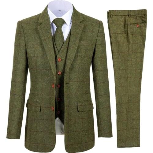 Mens 3 Piece Suits Bussiness Formal Notch Lapel Groomsmen Woolen Plaid Tuxedos for Party Activities Wedding (Blazer+Vest+Pant)