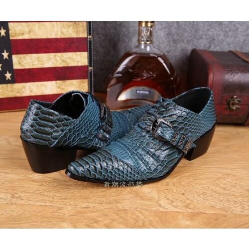 Italian Mens Shoes High Heels Snake Skin Genuine Leather Buckle Strap Crocodile Oxford Office Formal Dress Shoes Male Brogues