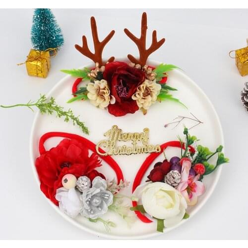 Christmas Antlers Baby Headbands Flower For Girls Handmade Bundle Nylon Elastic Hair Band Hairband Headdress Newborn Hair Access