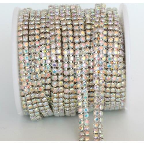 Ss10 2 Rows Clear AB Crystal AB Rhinestone Cup Chain Silver Intensive Base Rhinestones Trimming For Wedding Dress Clothes Y2270