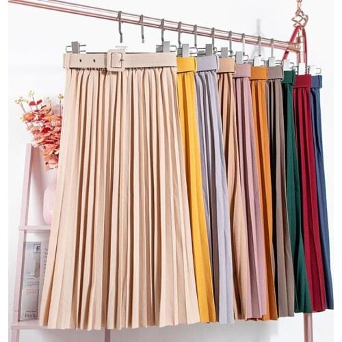 Vintage Elastic High Waist Womens Skirts 2020 Autumn Winter Casual Solid Belted Pleated Skirts Lady Fashion Simple Long Skirt