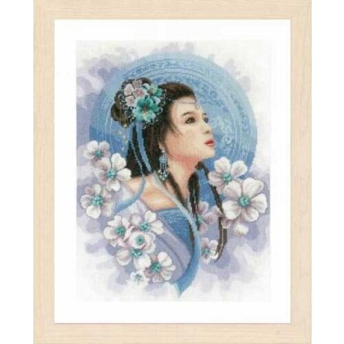 YZXINYUAN Beautiful Counted Cross Stitch Kit Asian Lady in Blue Princess Girl Woman Lass and Flowers lan 0169168