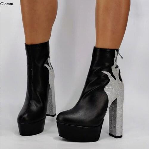 Olomm Handmade Women Winter Platform Ankle Boots Square High Heels Round Toe Gorgeous Black Party Shoes Women Plus US Size 5-15