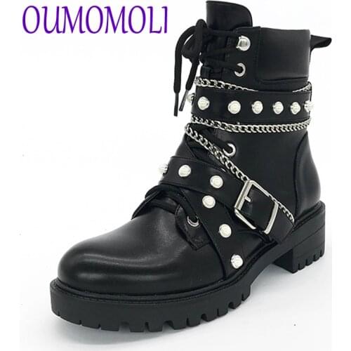 Winter Boots Women Pearl + chain Bead Bling Boots Womens Zipper Ankle boots Square heel Motorcycle Boots V276