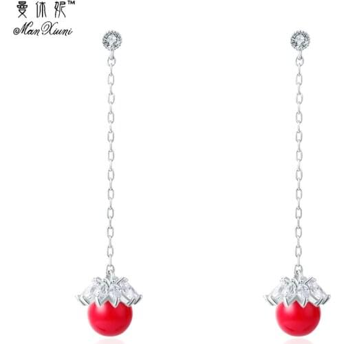 ManXiuni New Ball Shape Austrian Crystal Long Stud Earrings with big Pearl Elegant Silver-Color Jewelry for Women