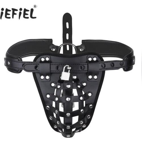 IEFiEL Sexy Gay Mens Open Butt Panties Lingerie PU Leather Sissy Pouch Man Jockstraps G-string Underwear Underpants with Locks