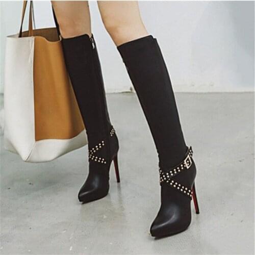 PXELENA Buckle Rivet Women Knee High Boots Zip Thin Heels Sexy Ladies Party Dress Office Shoes Winter Long Booties Black 34-43