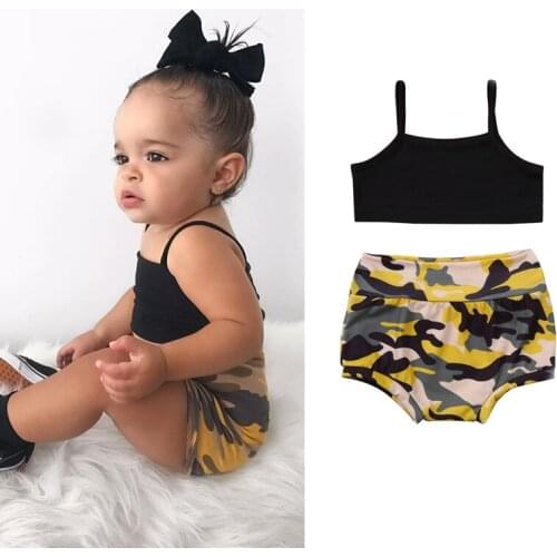 2021 Fashion Summer Cute Toddler Baby Girls Clothes Sets Solid Black Sleeveless Vest Crop Top Camouflage Shorts 2pcs