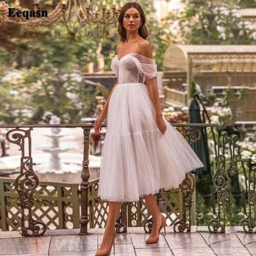 Eeqasn Ivory Polka Dotted Tulle Prom Dresses Short Off The Shoulder Tea-Length Homecoming Party Dress For Junior Graduation Gown