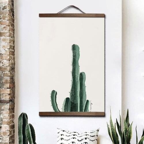 Custom Nordic style green plants canvas decorative painting Store bedroom living room wall art solid wood scroll painting decor