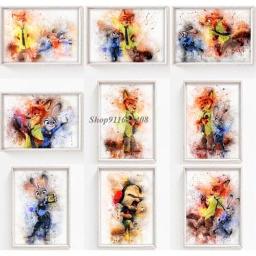 Disney Anime Cartoon Zootopia Canvas Painting Judy and Nick Posters and Prints Wall Art Picture for Kids Bedroom Wall Home Decor