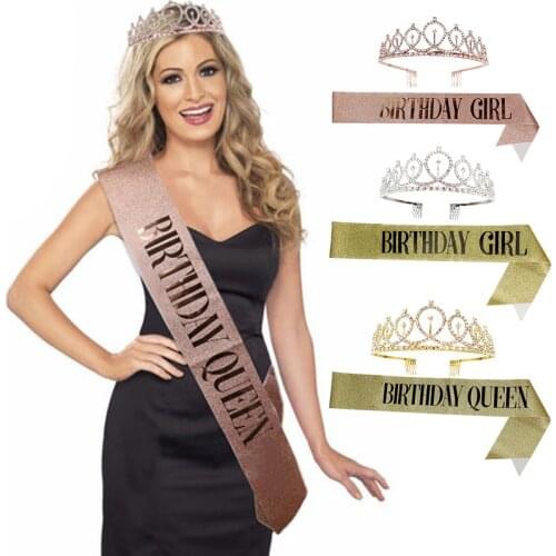 2Pcs Girls Birthday Party Decoration Kit Birthday Girl Queen Sash Band Princess Crown Girl Adults Happy Birthday Party Supplies