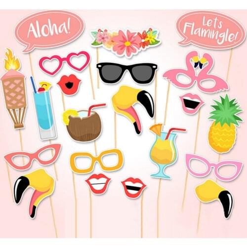 21PCS Lovely Birthday Beach Decor Event Party paintings Supply Tropical Flamingo Hen Photo Booth Props Stick