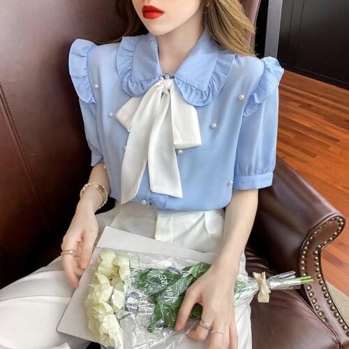 Fashion Women Sweet Blouse Bow Lace-up Lapel Chiffon Shirt Ruffles Short Sleeve Beading Tops Female Elegant Button Up Blusas