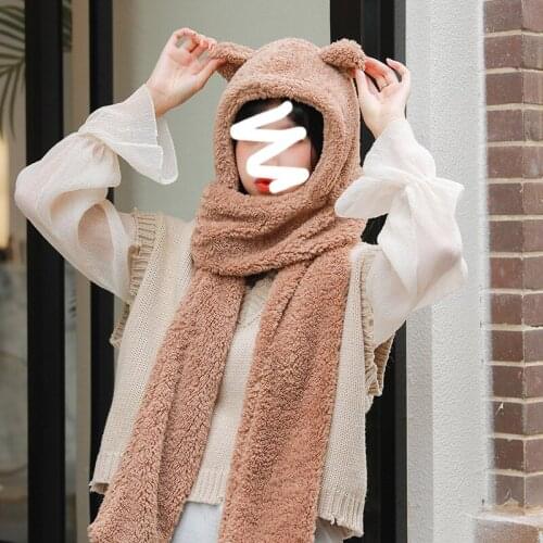 Autumn Winter Korean Version Sweet And Cute Thickening Warm Scarf Plush Imitation Lamb Wool Bear Ear Scarf Hat Ladies Bufanda