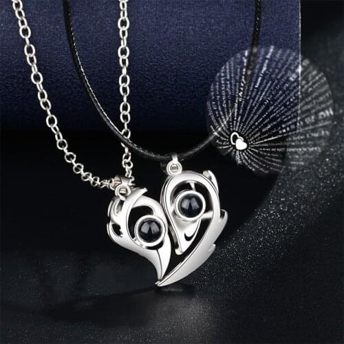 2pc Magnetic Distance Couple Necklace Heart Projection Pendent 100 Languages I Love You Lovers Matching Pendant Necklace Jewelry