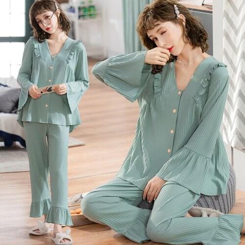 Pregnancy Maternity Pajamas Sleepwear Nursing Pregnant Pajamas summer Cute cotton VNeck Button Open clothes for Maternity Mother