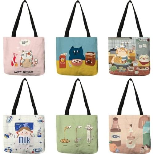 Japanese Style Kawaii Cartoon Cat Bear Animal Print Casual Tote Handbag Linen Bag Reusable Shopping Bags Outdoor Beach Bag