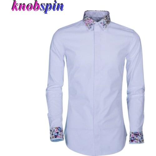 Colorful Embroidery Collar Cuff Men Shirt long sleeve Slim Casual Chemise homme Solid 80% Cotton Business male Dress Shirts 2019