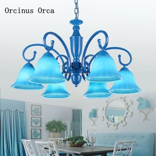 Mediterranean Creative Blue Glass Chandelier living room dining room bedroom European-style pastoral painted LED Chandelier