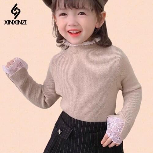 Sweater 2020 autumn and winter new middle school childrens childrens tops, lace, Korean version and velvet bottoming shirt