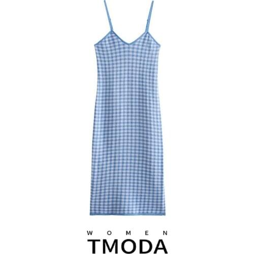 TMODA1395 Summer Blue Plaid Knit Mini Dresses Womem Za 2021 Sexy Straps Backless Mid-Calf Dress Fashion V Neck Female Chic Dress