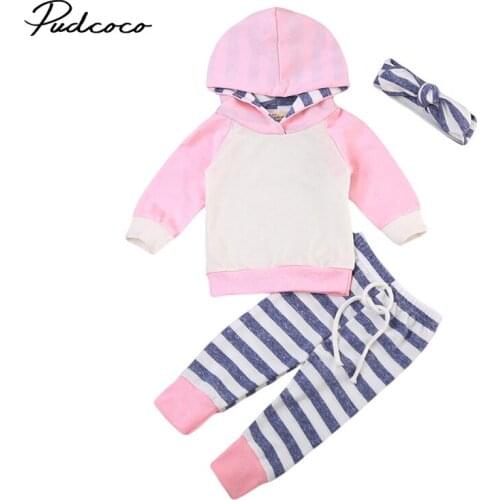 3pcs Infant Toddler Baby Boy Girl Patchwork Hooded Sweatshirt Top Striped Pant Outfits Set Clothes