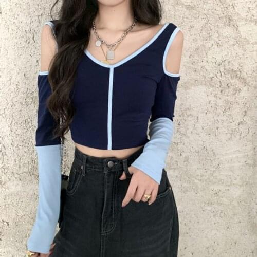 Patchwork E-girl Hollow Out Sleeve Korean Style Spring Sexy Women Crop Top Slim korean Fashion Streetwear Women Short Tops