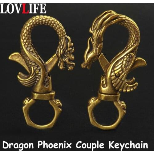 Vintage Brass Dragon Phoenix Couple Keychain Antique Copper Dragon Carabiners Key Chains Men Waist Buckle Car Keys Holder Gifts