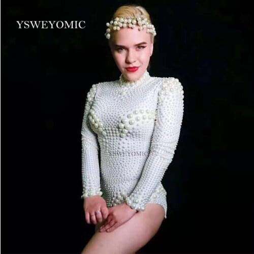 High Quality made White Pearls Leotard Womens Dance Wear Prom Celebrate Outfit Bar Evening Women Dancer Outfit Bodysuit
